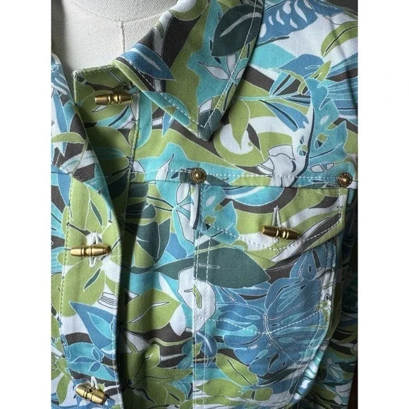 St John Sport Pant Suit Leaf Print Denim Jacket Set Size 16 Vintage - Picture 2 of 10